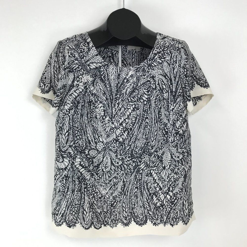 LOFT Floral Keyhole Button Blouse Women's Medium Short Sleeves Scoop Neck